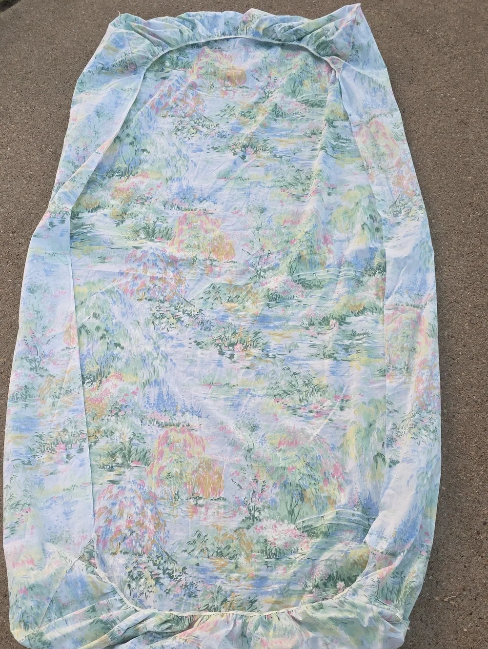 Vintage Springmaid Camille Scenic Watercolor Garden Bridge Twin Fitted Sheet